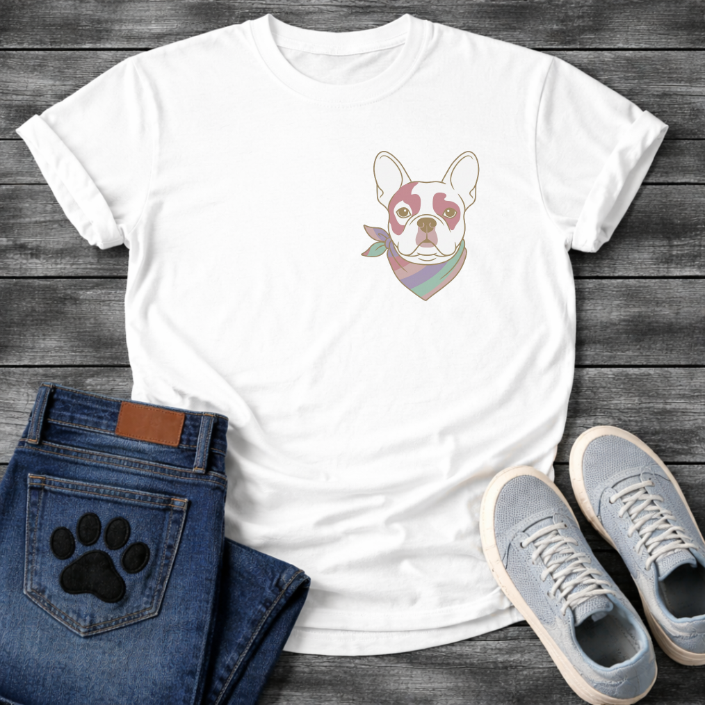 French Bulldog portrait with pastel striped neckerchief scarf line art pocket graphic tee

