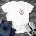 French Bulldog portrait with pastel striped neckerchief scarf line art pocket graphic tee

