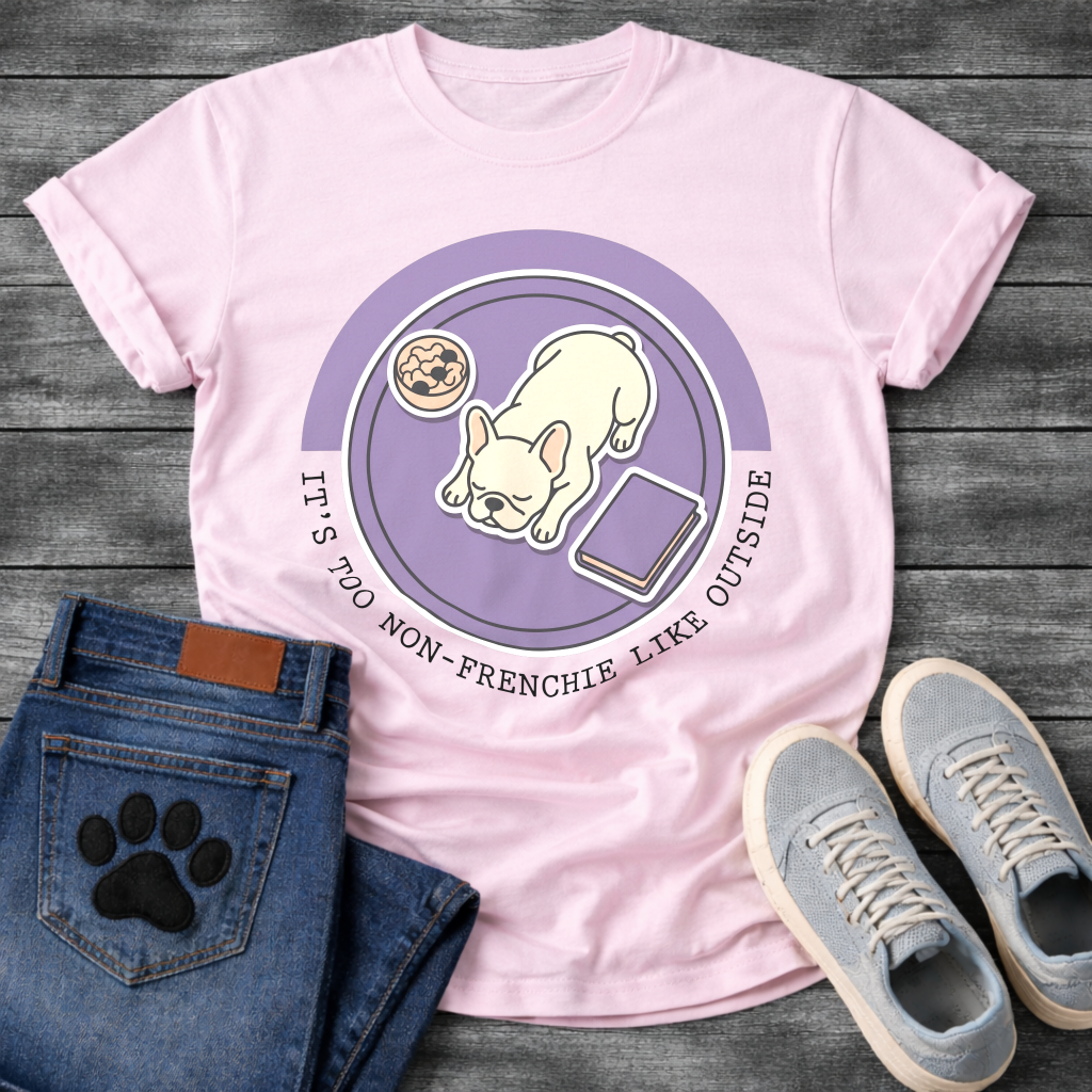 French Bulldog sleeping top-down view with food bowl and book It's Too Non-Frenchie Like Outside badge graphic tee
