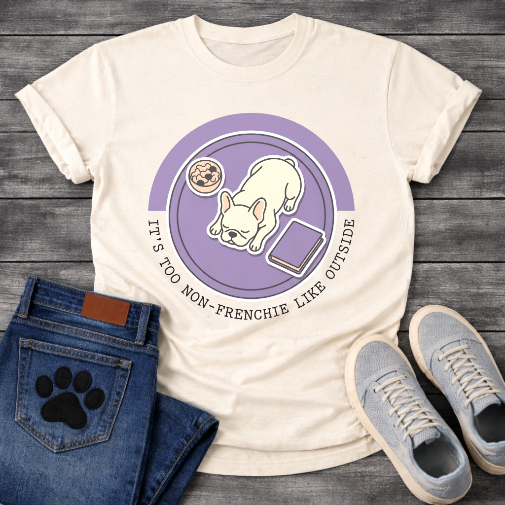 French Bulldog sleeping top-down view with food bowl and book It's Too Non-Frenchie Like Outside badge graphic tee
