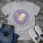French Bulldog sleeping top-down view with food bowl and book It's Too Non-Frenchie Like Outside badge graphic tee
