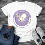 French Bulldog sleeping top-down view with food bowl and book It's Too Non-Frenchie Like Outside badge graphic tee
