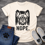 Nope bold French Bulldog halftone portrait graphic t-shirt slate blue funny dog shirt
