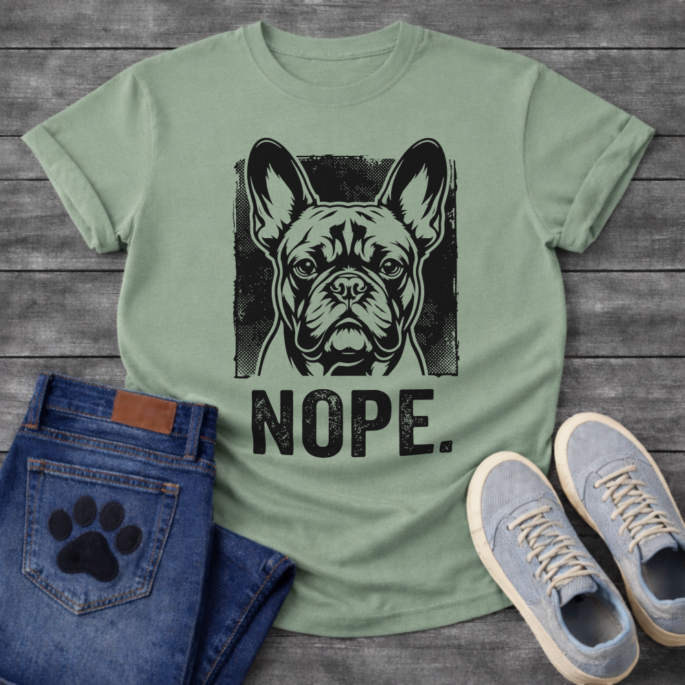 Nope bold French Bulldog halftone portrait graphic t-shirt slate blue funny dog shirt
