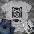 Nope bold French Bulldog halftone portrait graphic t-shirt slate blue funny dog shirt
