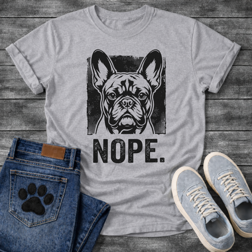 Nope bold French Bulldog halftone portrait graphic t-shirt slate blue funny dog shirt
