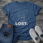 French Bulldog line art graphic tee with Not All Who Wander Are Lost - Lost typography design
