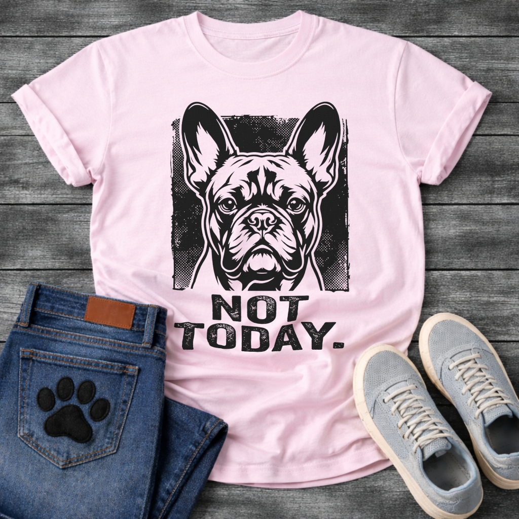 Not Today bold French Bulldog halftone portrait graphic t-shirt slate blue funny dog shirt