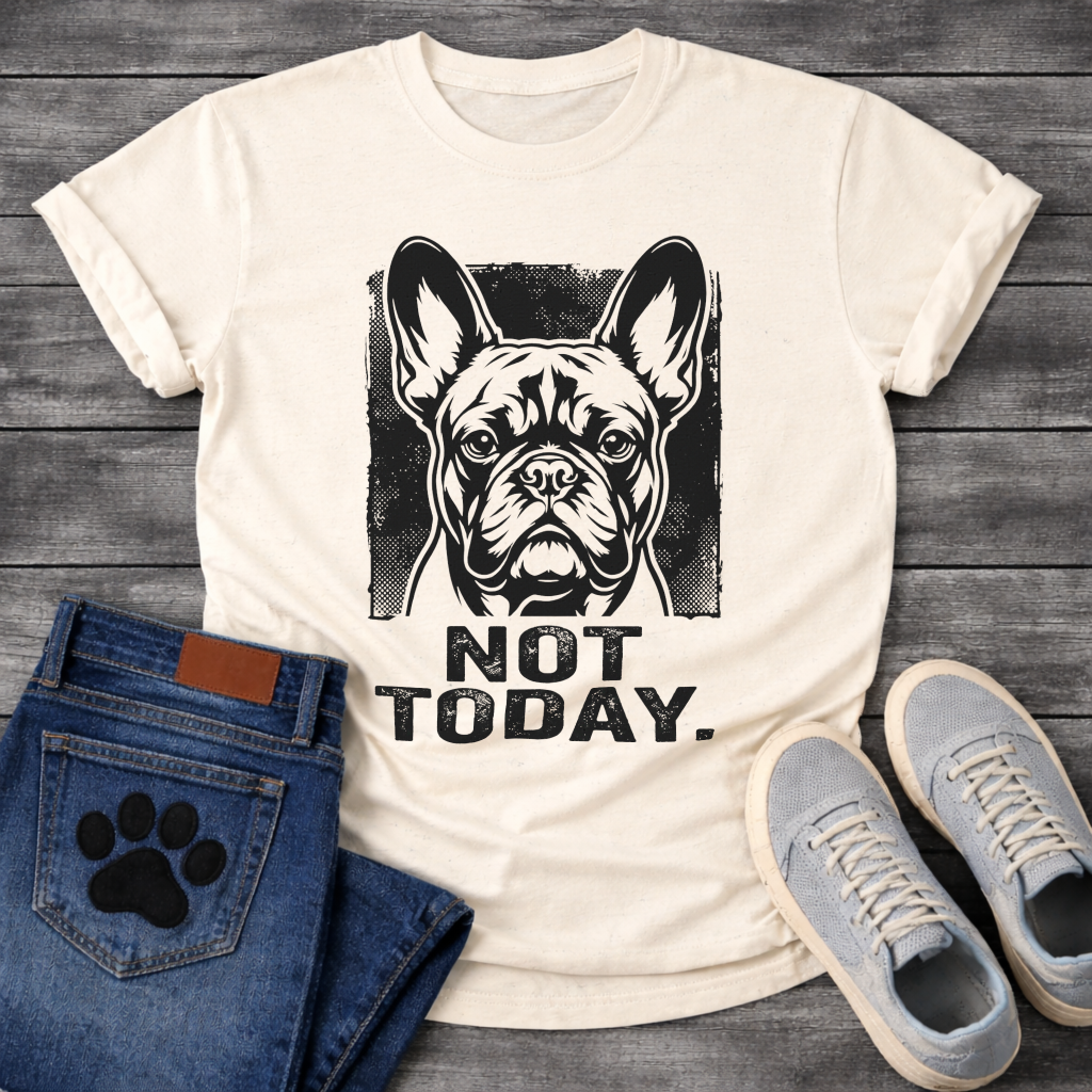 Not Today bold French Bulldog halftone portrait graphic t-shirt slate blue funny dog shirt