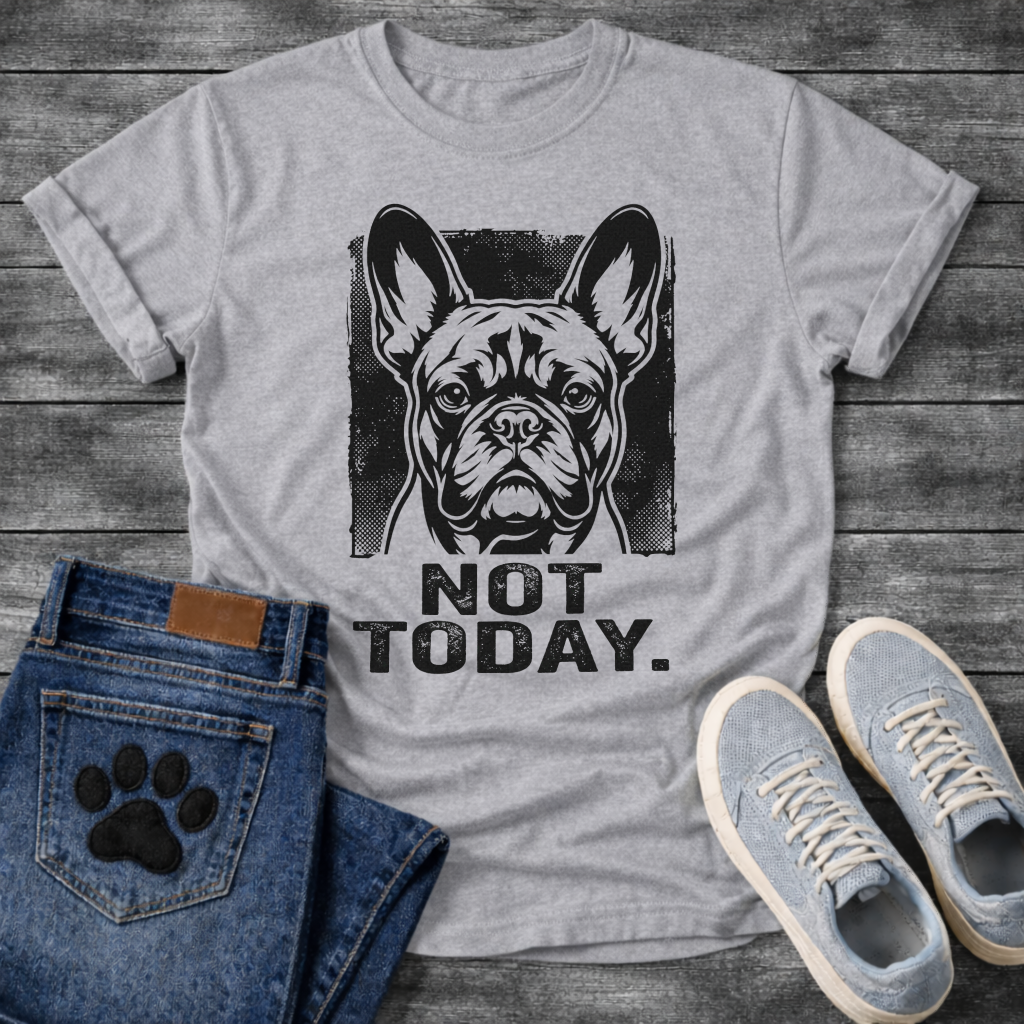 Not Today bold French Bulldog halftone portrait graphic t-shirt slate blue funny dog shirt