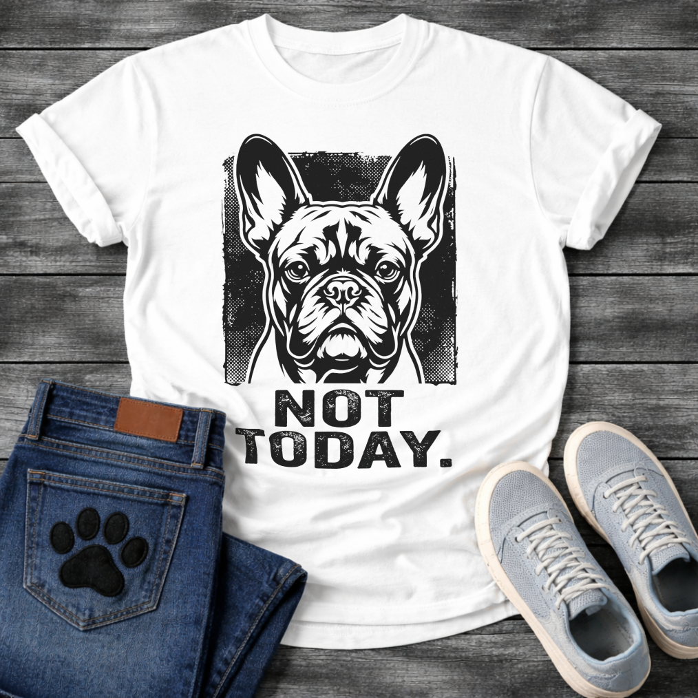 Not Today bold French Bulldog halftone portrait graphic t-shirt slate blue funny dog shirt