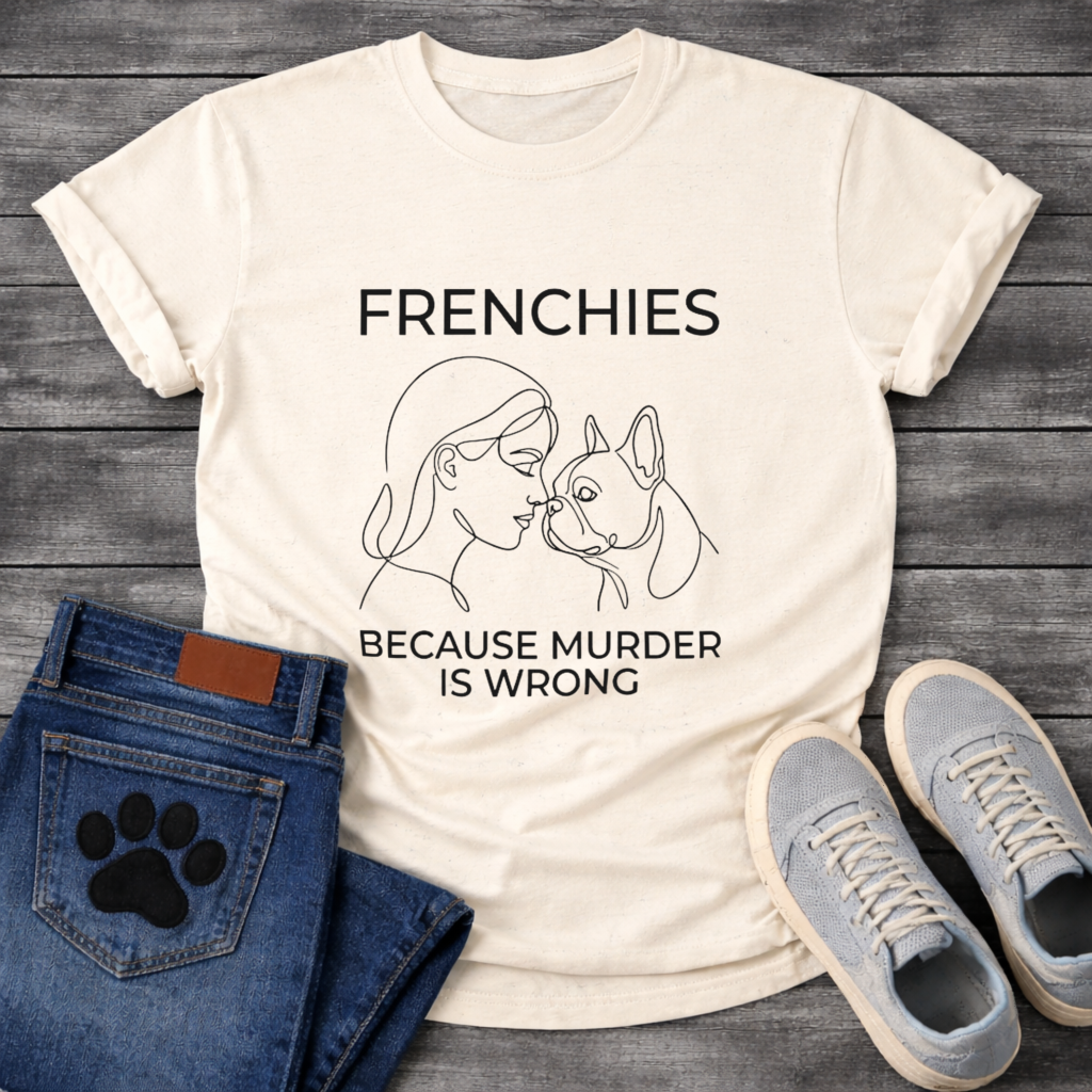 Frenchies Because Murder Is Wrong line art woman and French Bulldog t-shirt white funny dog shirt