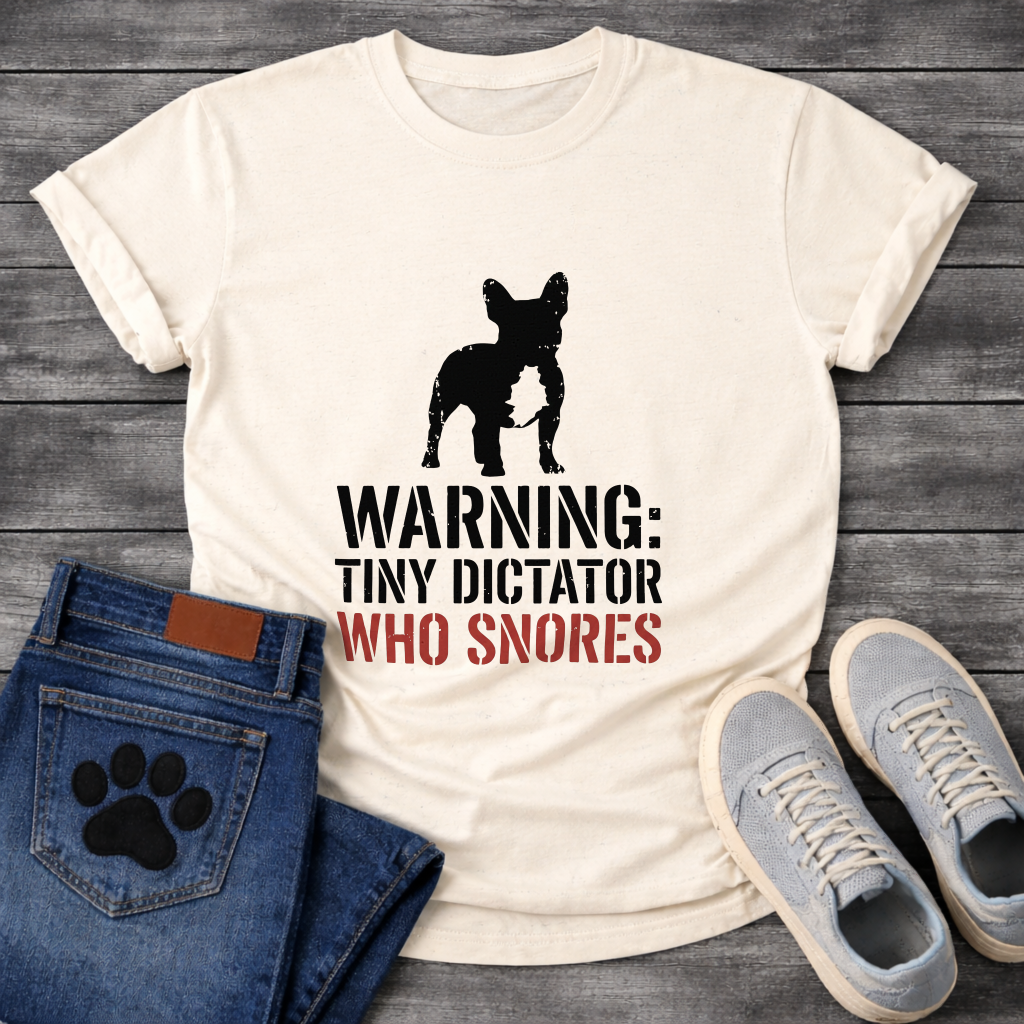Warning Tiny Dictator Who Snores stencil French Bulldog t-shirt white funny dog shirt