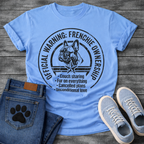Official Warning Frenchie Ownership stamp badge graphic tee with French Bulldog portrait and couch sharing fur on everything cancelled plans unconditional love