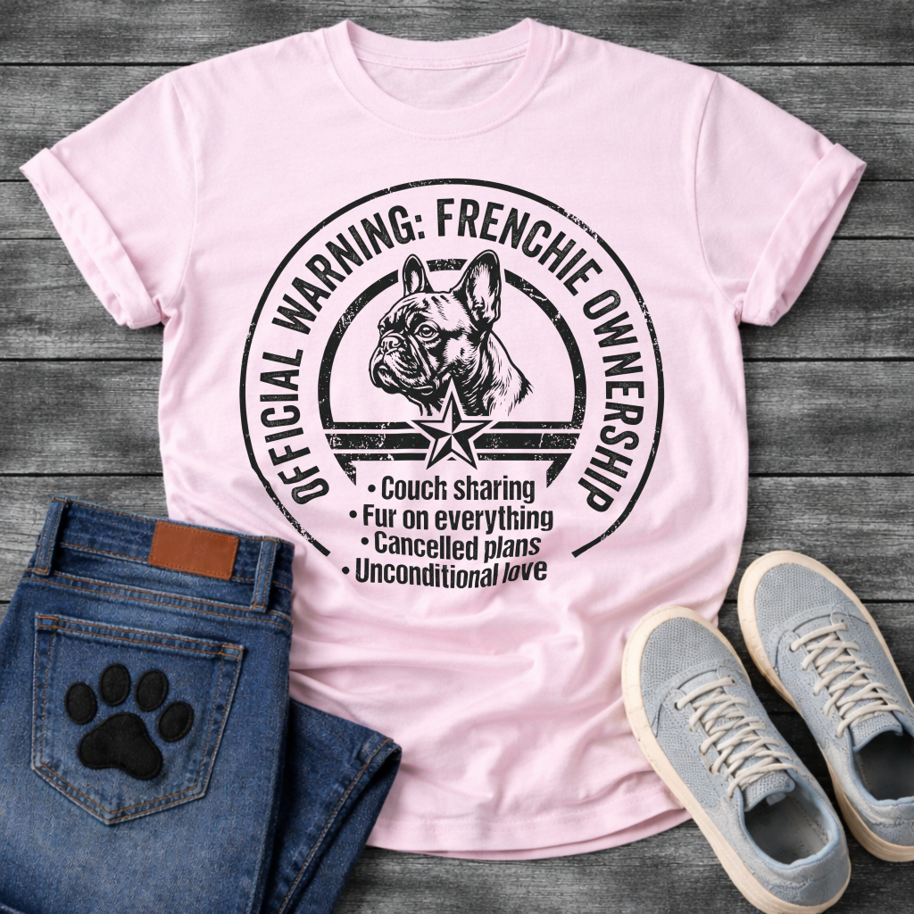 Official Warning Frenchie Ownership stamp badge graphic tee with French Bulldog portrait and couch sharing fur on everything cancelled plans unconditional love
