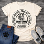 Official Warning Frenchie Ownership stamp badge graphic tee with French Bulldog portrait and couch sharing fur on everything cancelled plans unconditional love