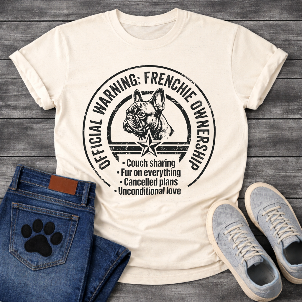 Official Warning Frenchie Ownership stamp badge graphic tee with French Bulldog portrait and couch sharing fur on everything cancelled plans unconditional love