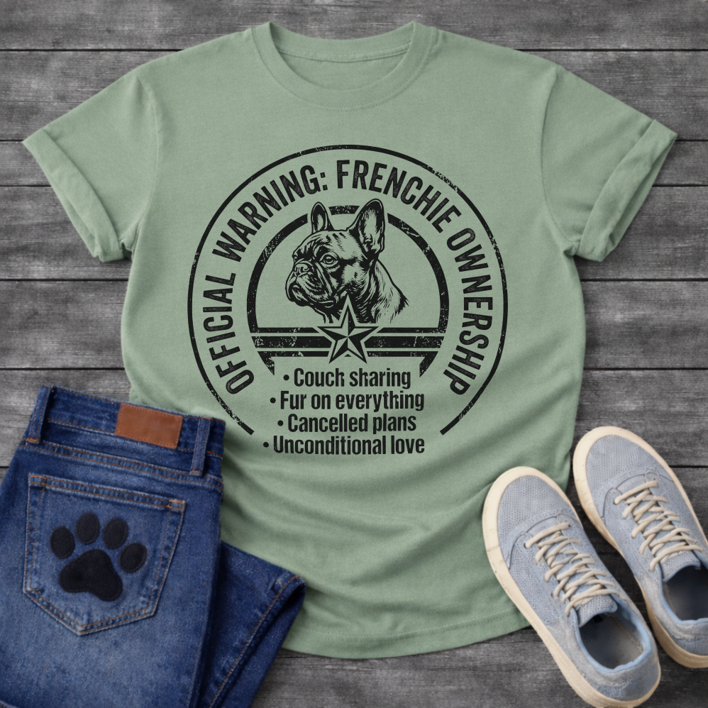 Official Warning Frenchie Ownership stamp badge graphic tee with French Bulldog portrait and couch sharing fur on everything cancelled plans unconditional love