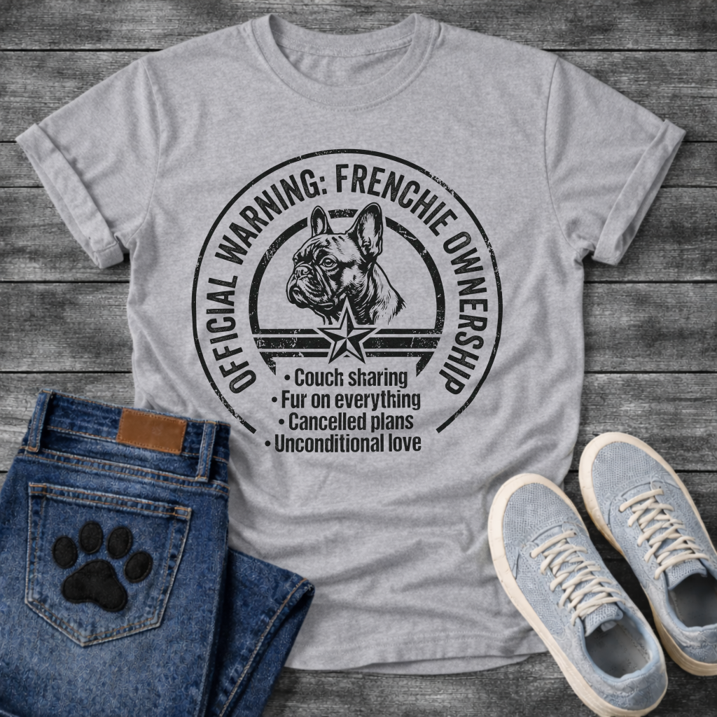 Official Warning Frenchie Ownership stamp badge graphic tee with French Bulldog portrait and couch sharing fur on everything cancelled plans unconditional love