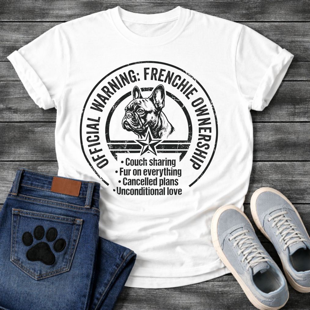 Official Warning Frenchie Ownership stamp badge graphic tee with French Bulldog portrait and couch sharing fur on everything cancelled plans unconditional love