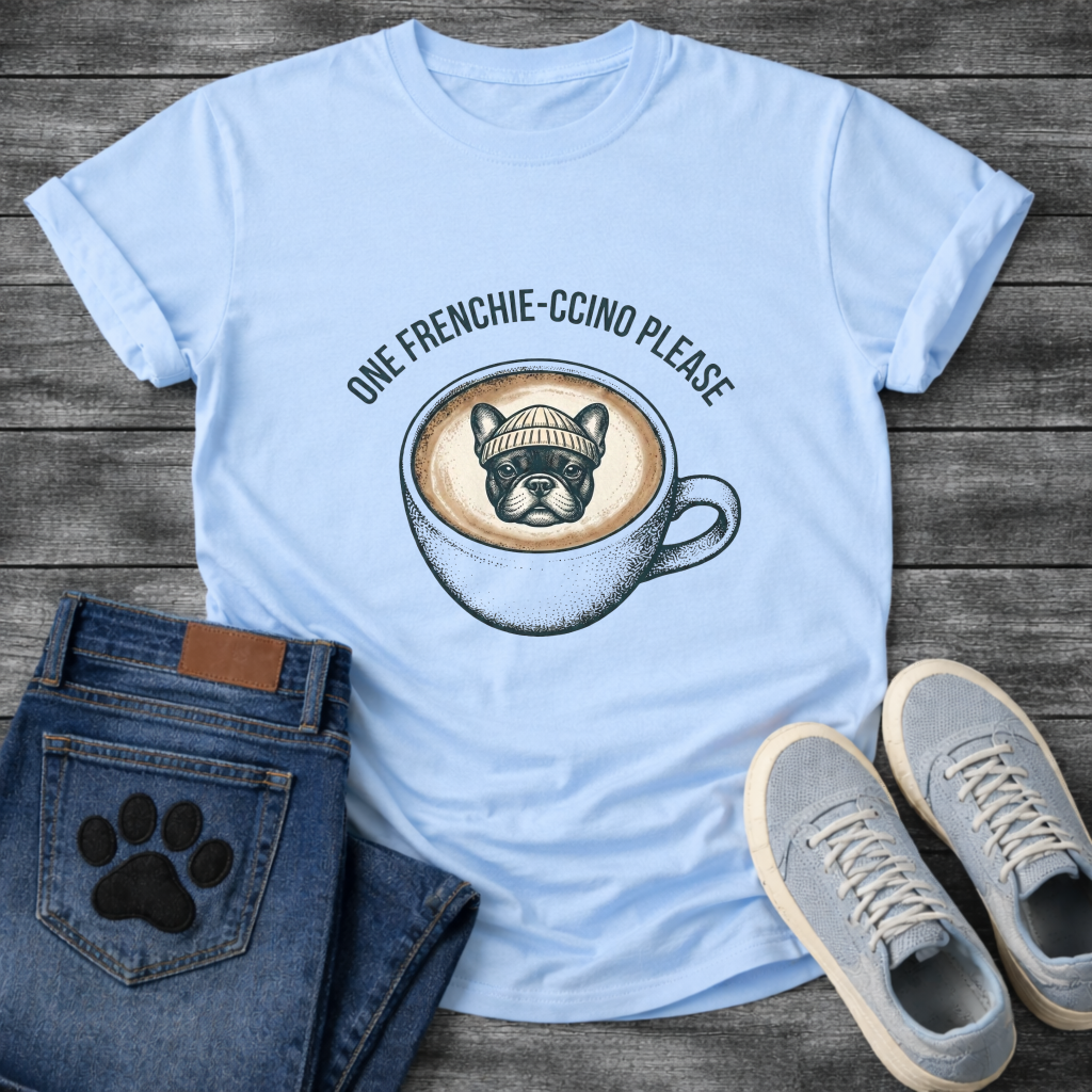 French Bulldog in a beanie sitting in a coffee cup with One Frenchie-ccino Please arc typography full front graphic tee
