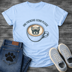 French Bulldog in a beanie sitting in a coffee cup with One Frenchie-ccino Please arc typography full front graphic tee
