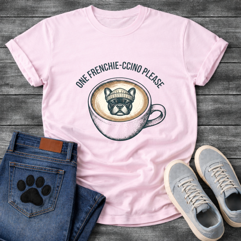 French Bulldog in a beanie sitting in a coffee cup with One Frenchie-ccino Please arc typography full front graphic tee
