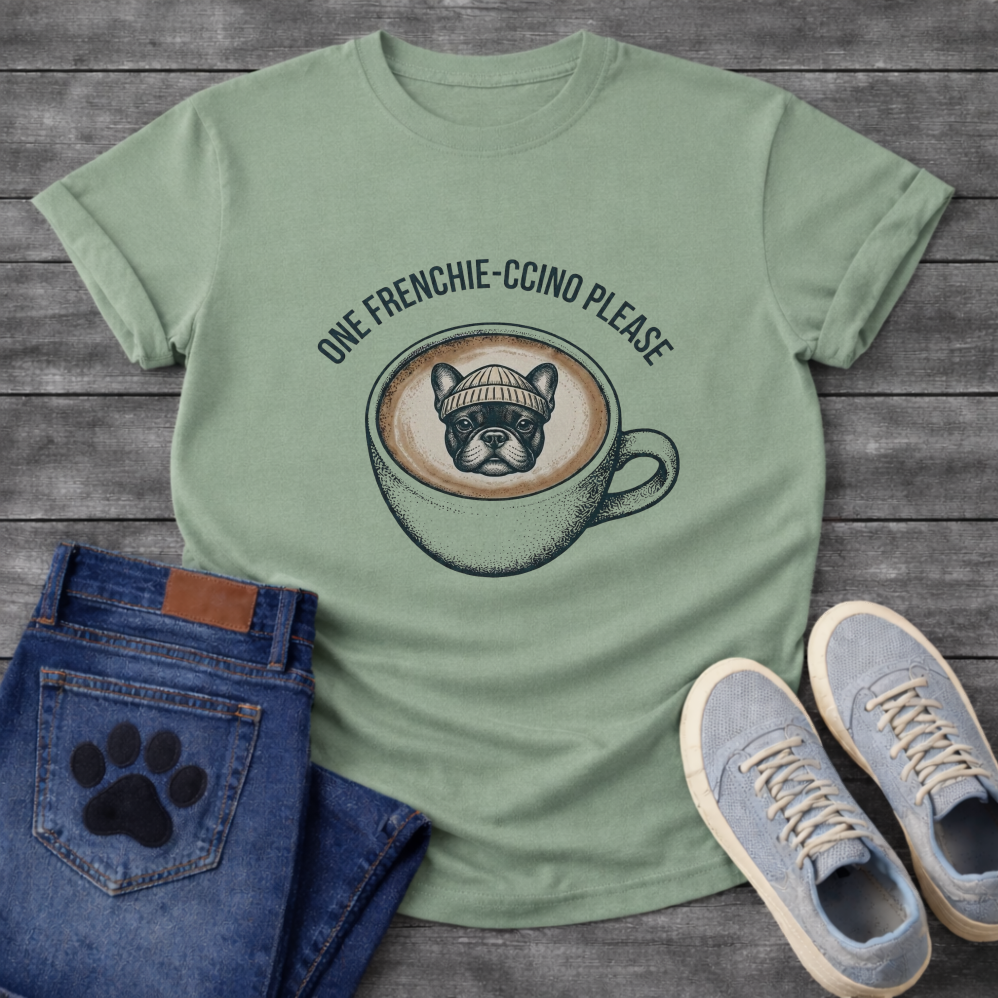 French Bulldog in a beanie sitting in a coffee cup with One Frenchie-ccino Please arc typography full front graphic tee
