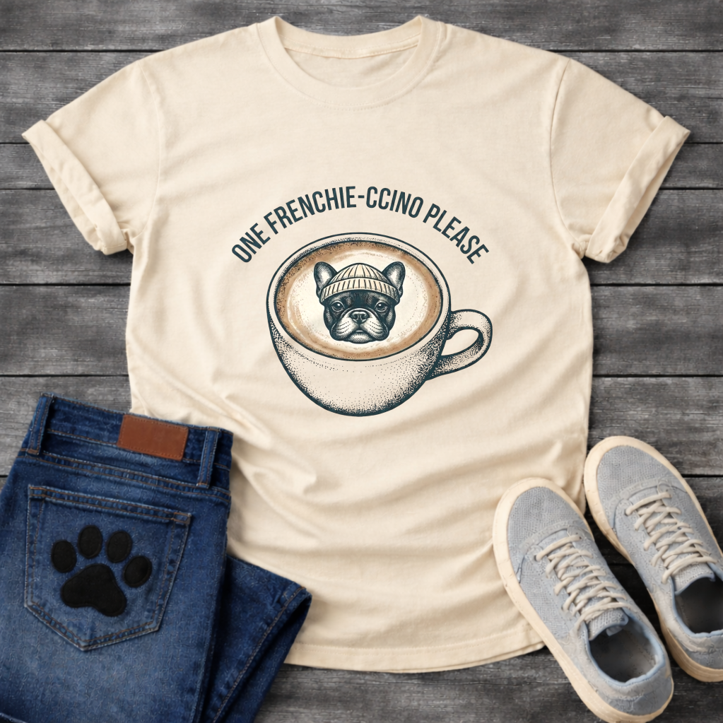 French Bulldog in a beanie sitting in a coffee cup with One Frenchie-ccino Please arc typography full front graphic tee
