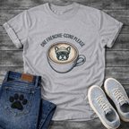 French Bulldog in a beanie sitting in a coffee cup with One Frenchie-ccino Please arc typography full front graphic tee
