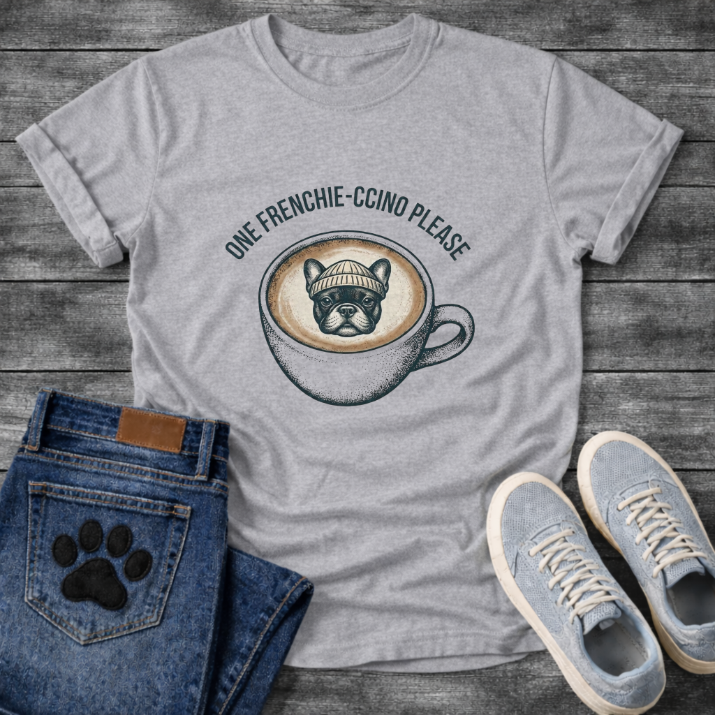 French Bulldog in a beanie sitting in a coffee cup with One Frenchie-ccino Please arc typography full front graphic tee
