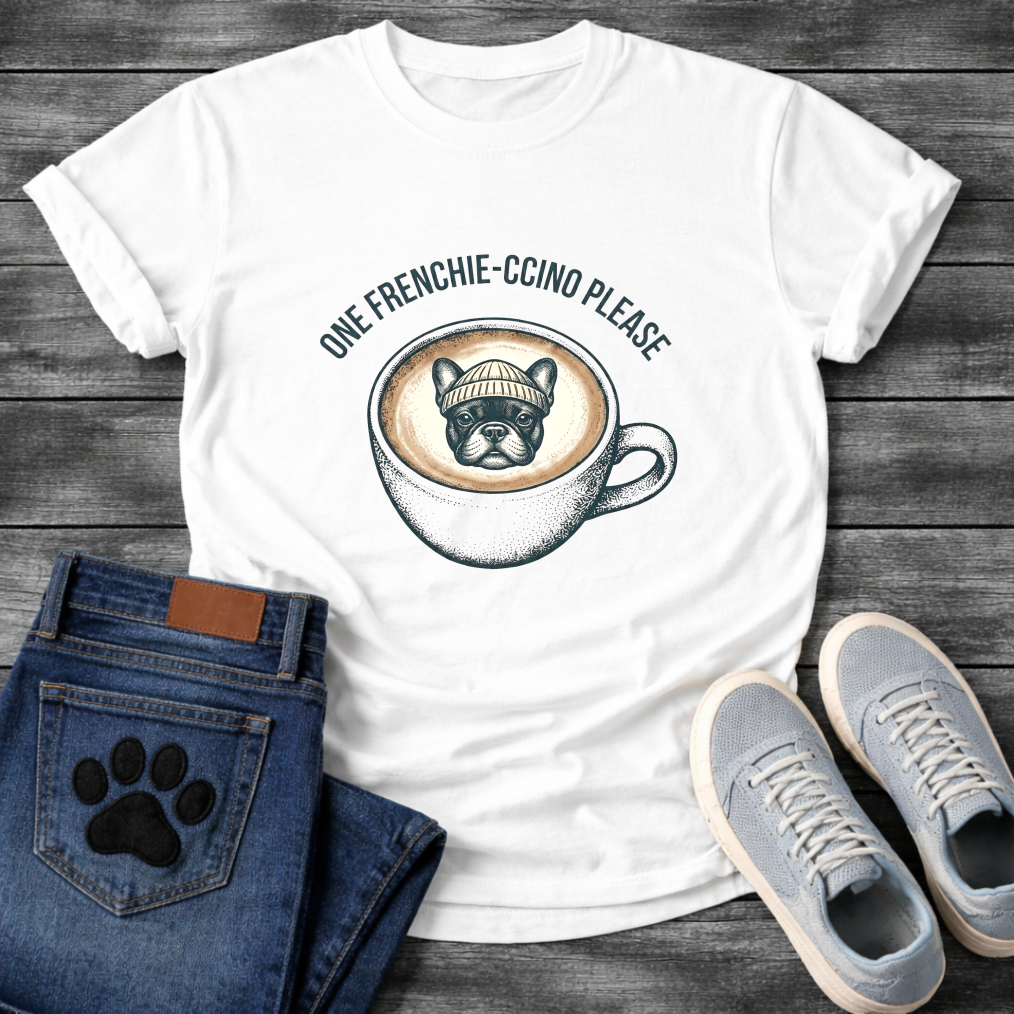 French Bulldog in a beanie sitting in a coffee cup with One Frenchie-ccino Please arc typography full front graphic tee
