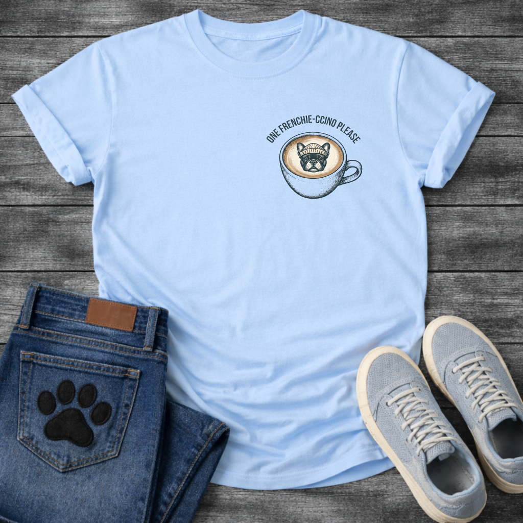 French Bulldog in a beanie sitting in a coffee cup with One Frenchie-ccino Please arc typography pocket graphic tee
