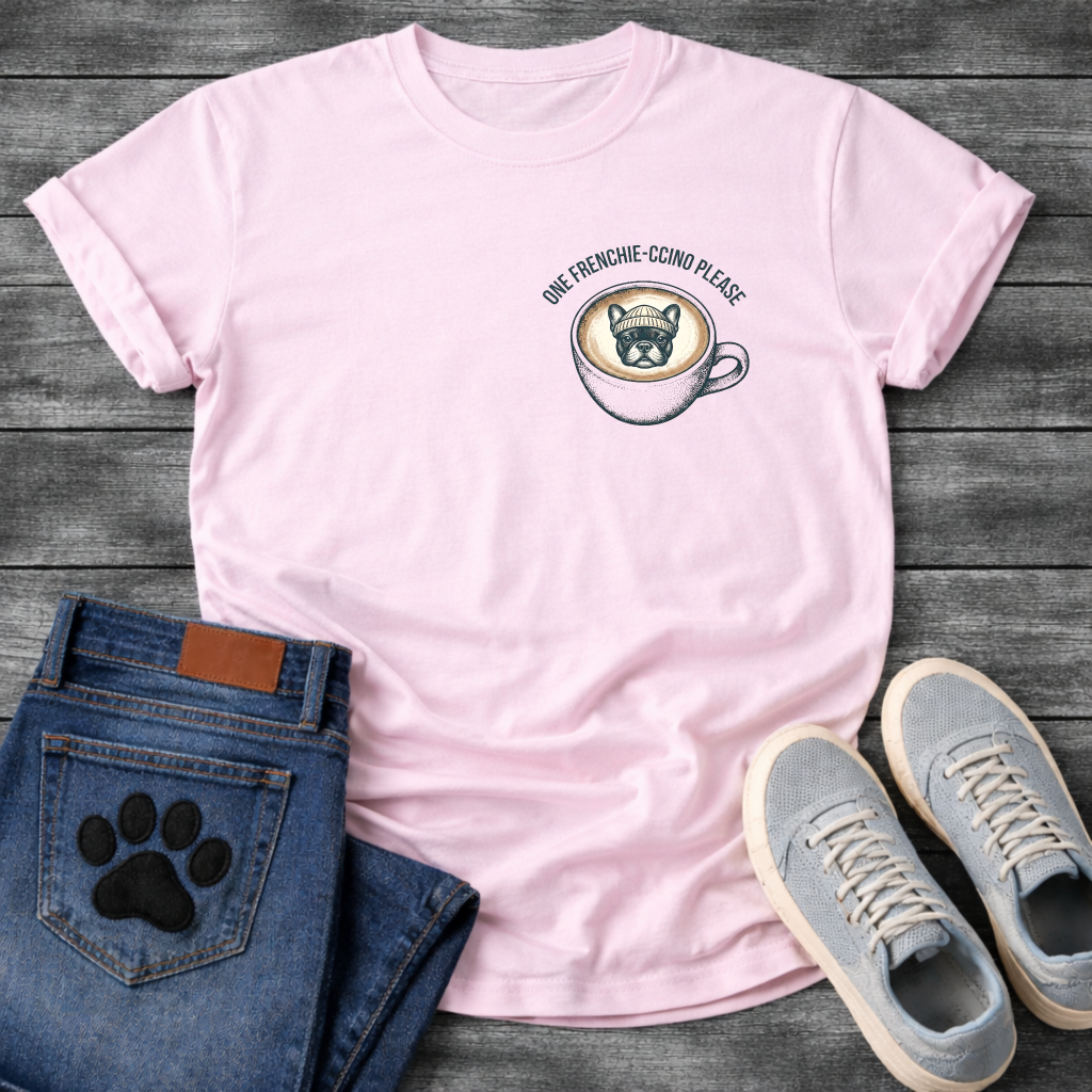 French Bulldog in a beanie sitting in a coffee cup with One Frenchie-ccino Please arc typography pocket graphic tee
