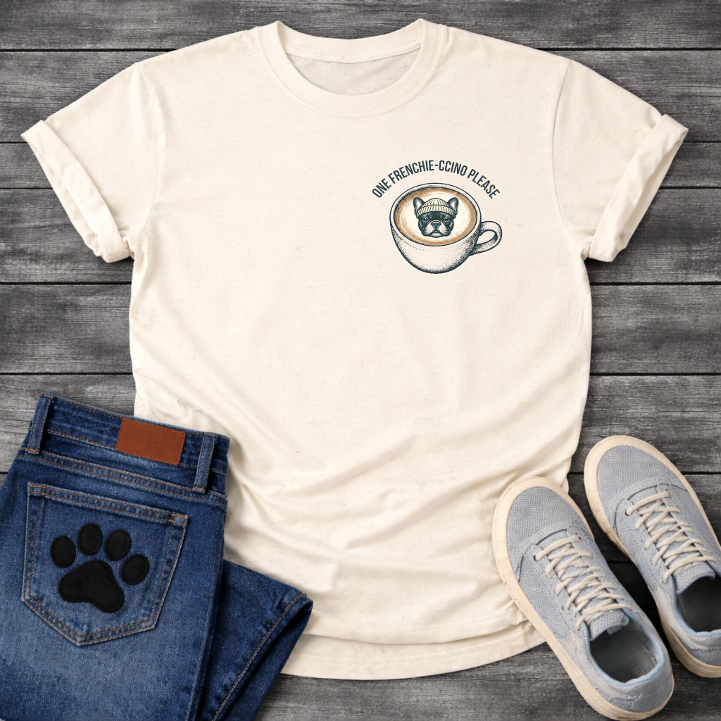 French Bulldog in a beanie sitting in a coffee cup with One Frenchie-ccino Please arc typography pocket graphic tee
