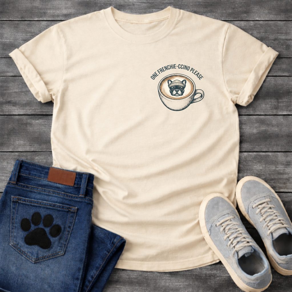 French Bulldog in a beanie sitting in a coffee cup with One Frenchie-ccino Please arc typography pocket graphic tee
