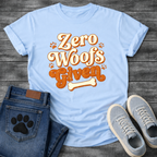 Zero woofs given playful orange lettering dog shirt with paw prints and bone