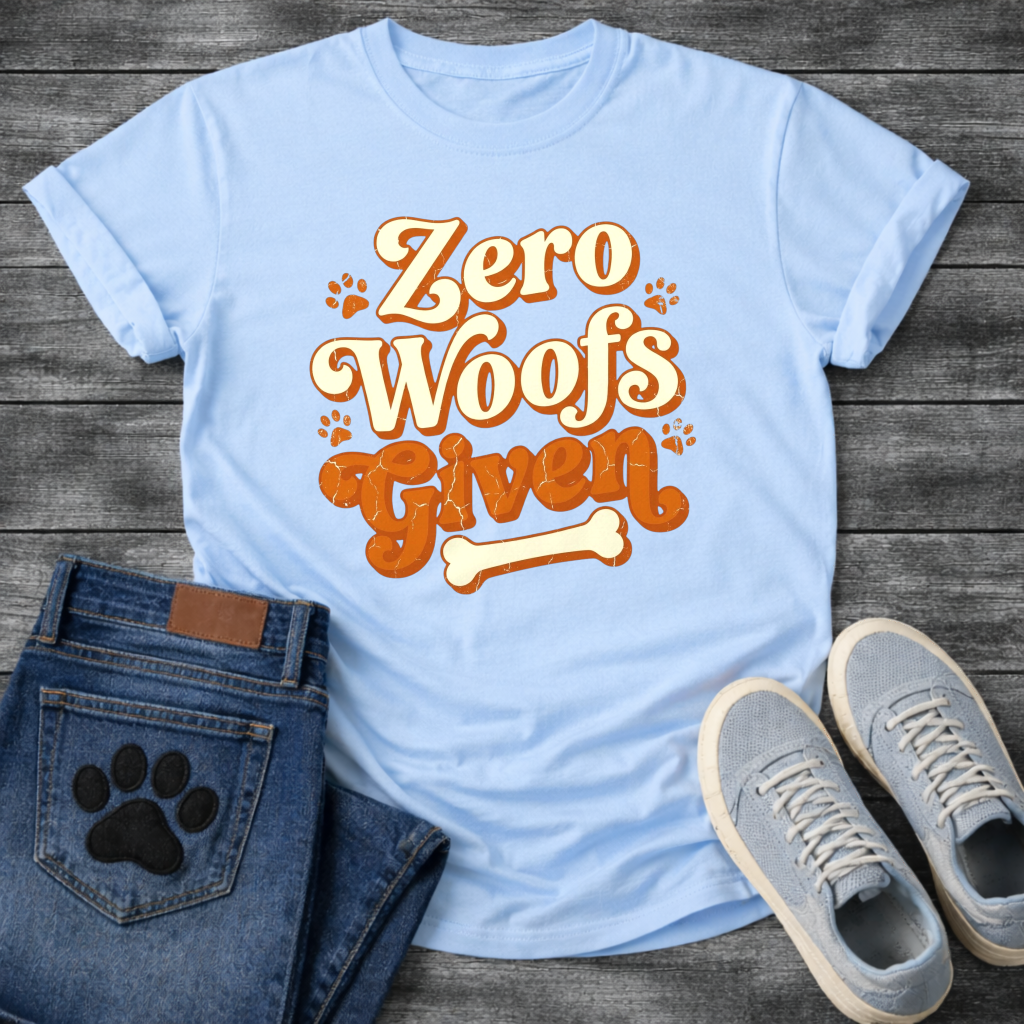Zero woofs given playful orange lettering dog shirt with paw prints and bone