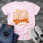 Zero woofs given playful orange lettering dog shirt with paw prints and bone