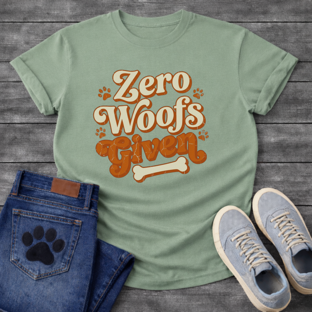 Zero woofs given playful orange lettering dog shirt with paw prints and bone