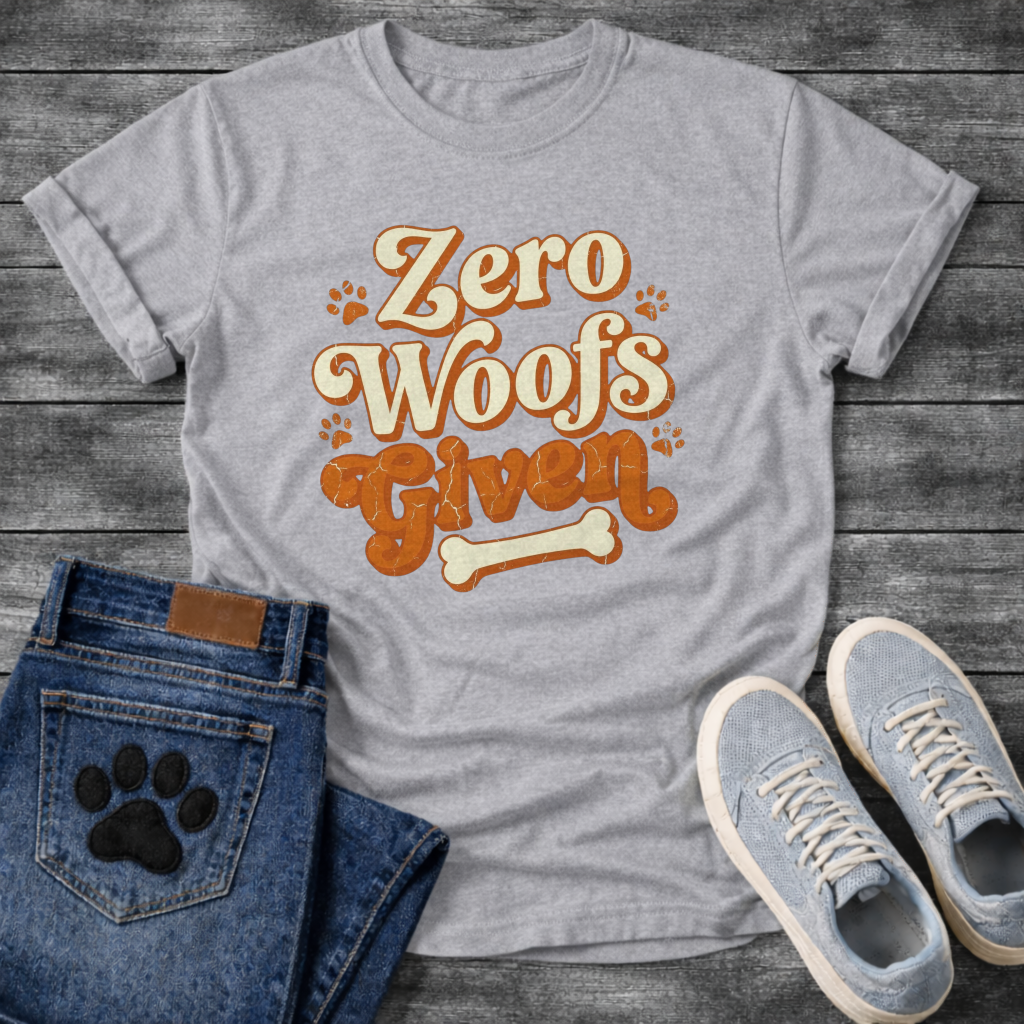 Zero woofs given playful orange lettering dog shirt with paw prints and bone