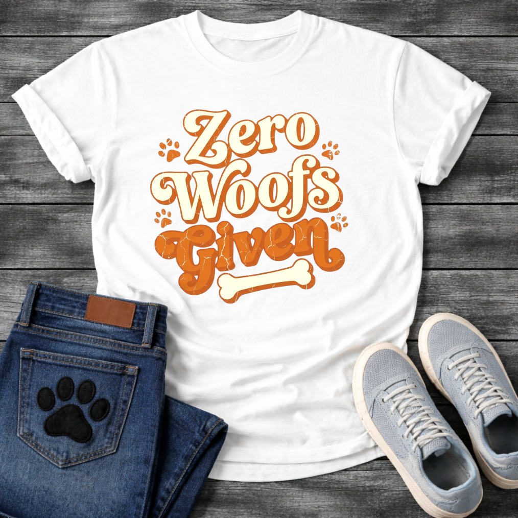 Zero woofs given playful orange lettering dog shirt with paw prints and bone