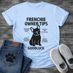 Frenchie Owner Tips silhouette infographic graphic tee with French Bulldog and funny tips including selective hearing zoomies and snoring lullabies
