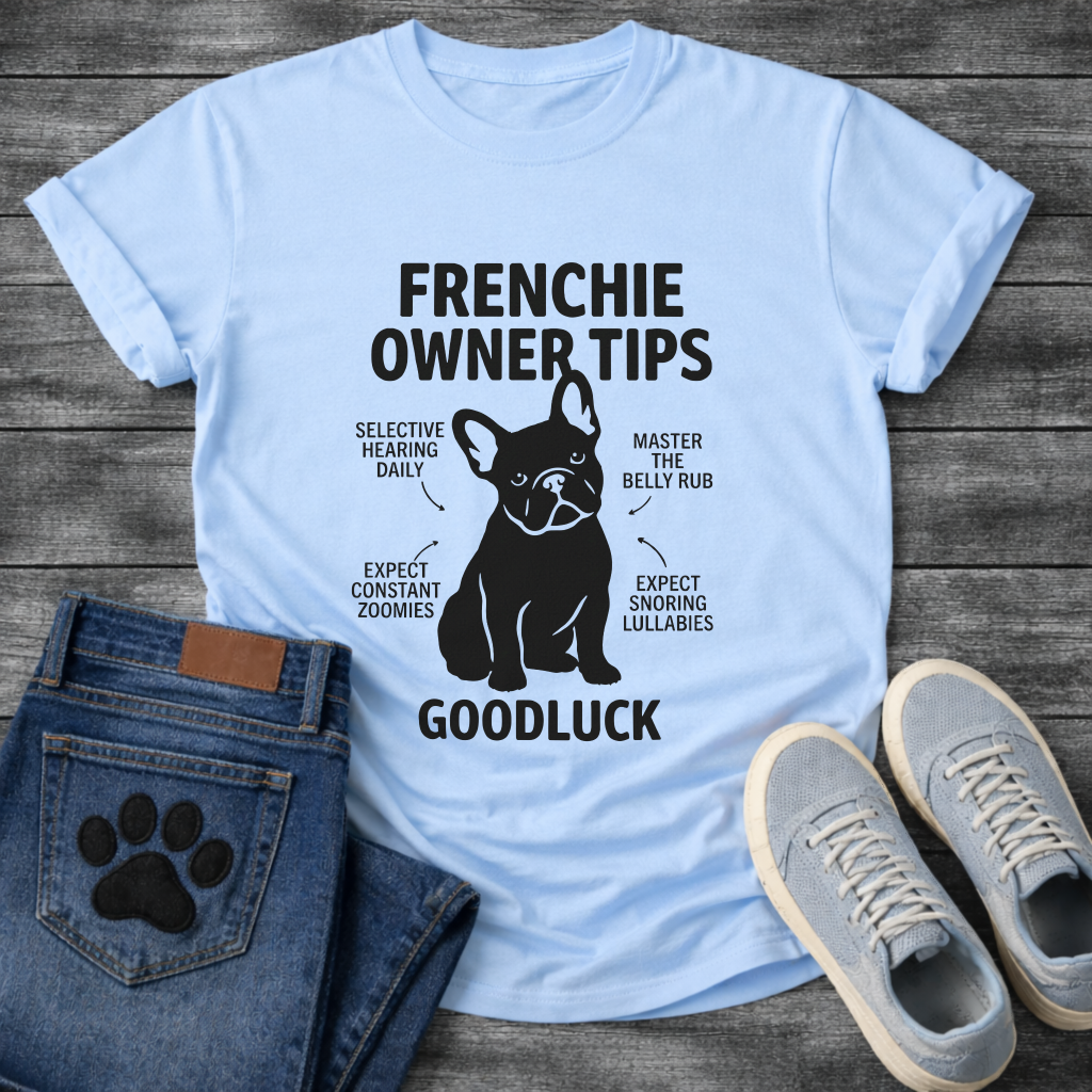 Frenchie Owner Tips silhouette infographic graphic tee with French Bulldog and funny tips including selective hearing zoomies and snoring lullabies
