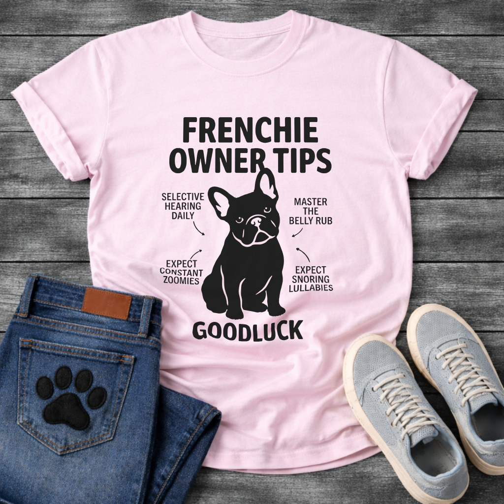 Frenchie Owner Tips silhouette infographic graphic tee with French Bulldog and funny tips including selective hearing zoomies and snoring lullabies
