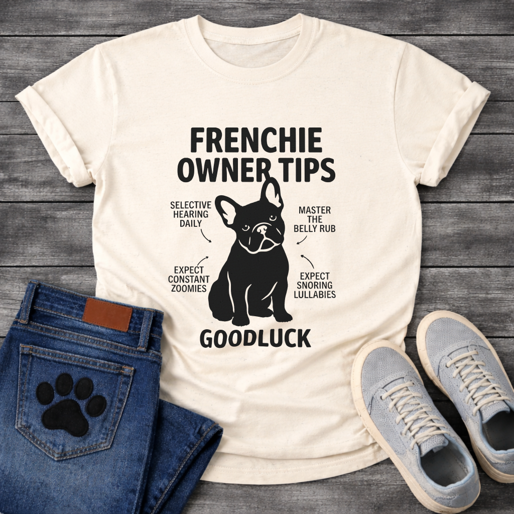 Frenchie Owner Tips silhouette infographic graphic tee with French Bulldog and funny tips including selective hearing zoomies and snoring lullabies
