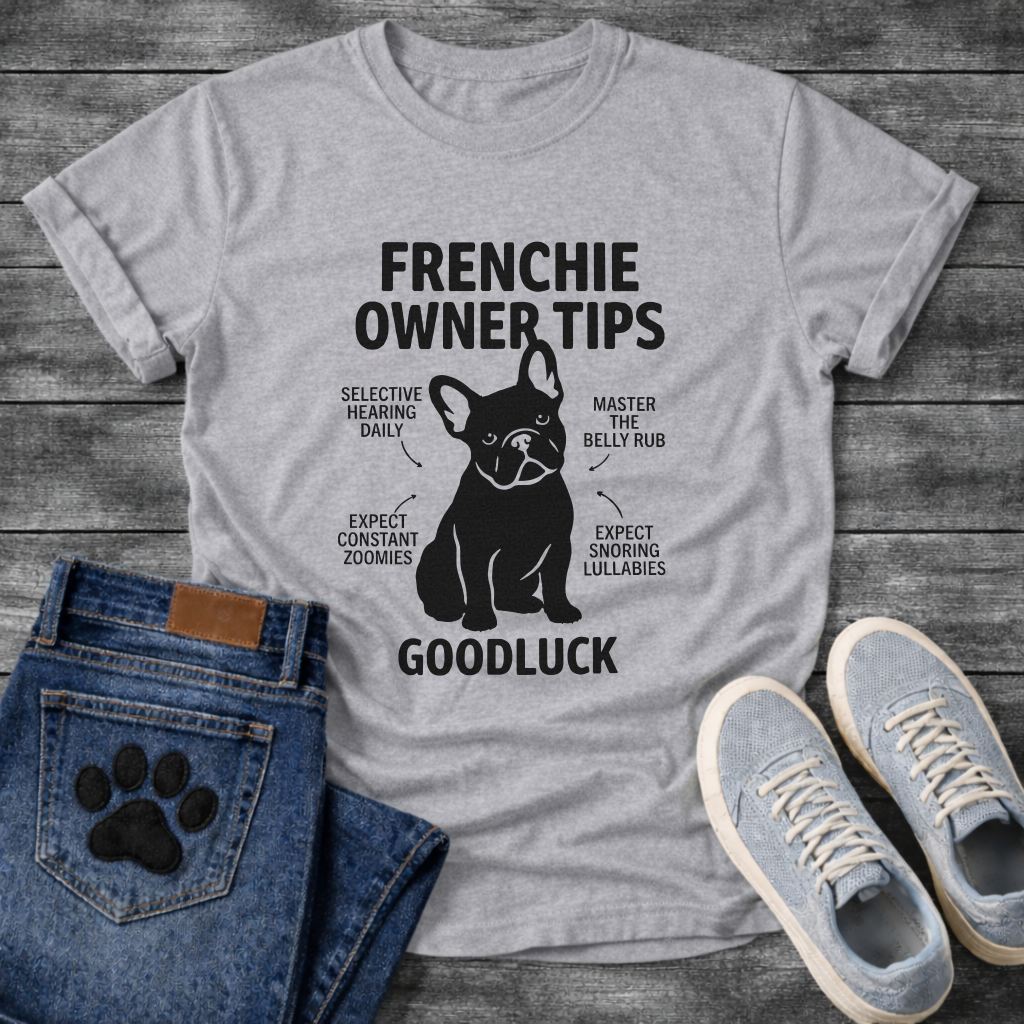 Frenchie Owner Tips silhouette infographic graphic tee with French Bulldog and funny tips including selective hearing zoomies and snoring lullabies
