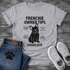 Frenchie Owner Tips silhouette infographic graphic tee with French Bulldog and funny tips including selective hearing zoomies and snoring lullabies
