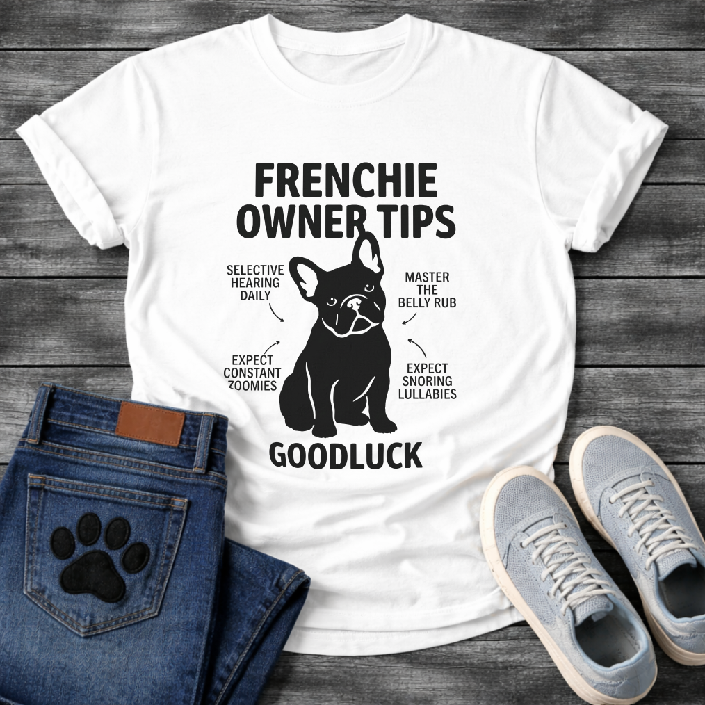 Frenchie Owner Tips silhouette infographic graphic tee with French Bulldog and funny tips including selective hearing zoomies and snoring lullabies
