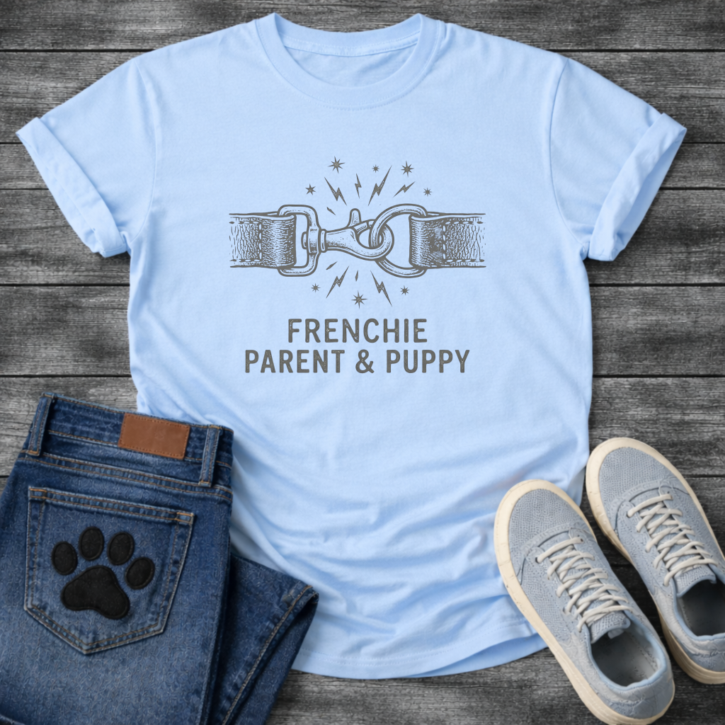 Frenchie Parent and Puppy linked collar graphic funny dog shirt unisex tee